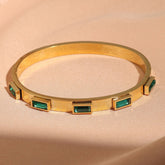 Dazzling Gold Baguette Stone Bangle Bracelet - Emerald Green